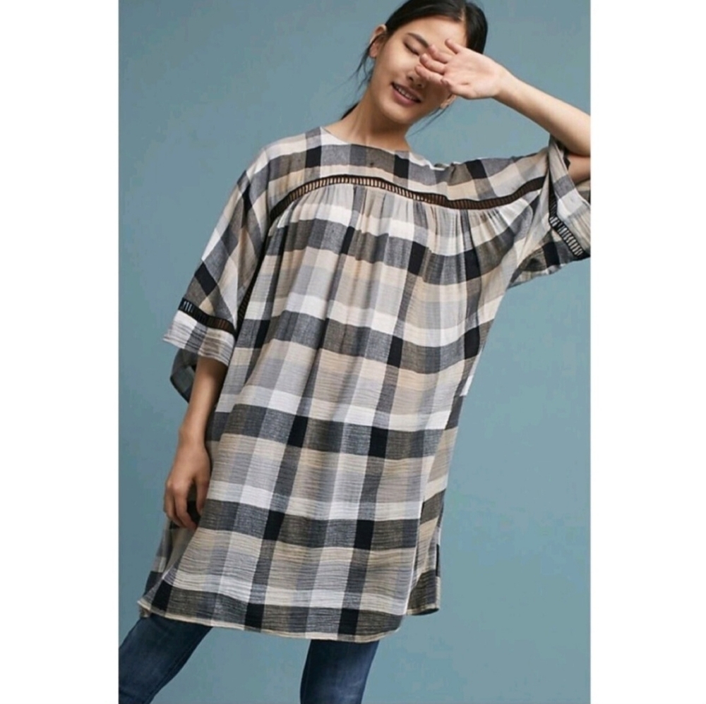 🔥MAEVE Anthropologie Black/Tan/White Plaid 3/4‎ Kimono Sleeve Mini Dress SZ M